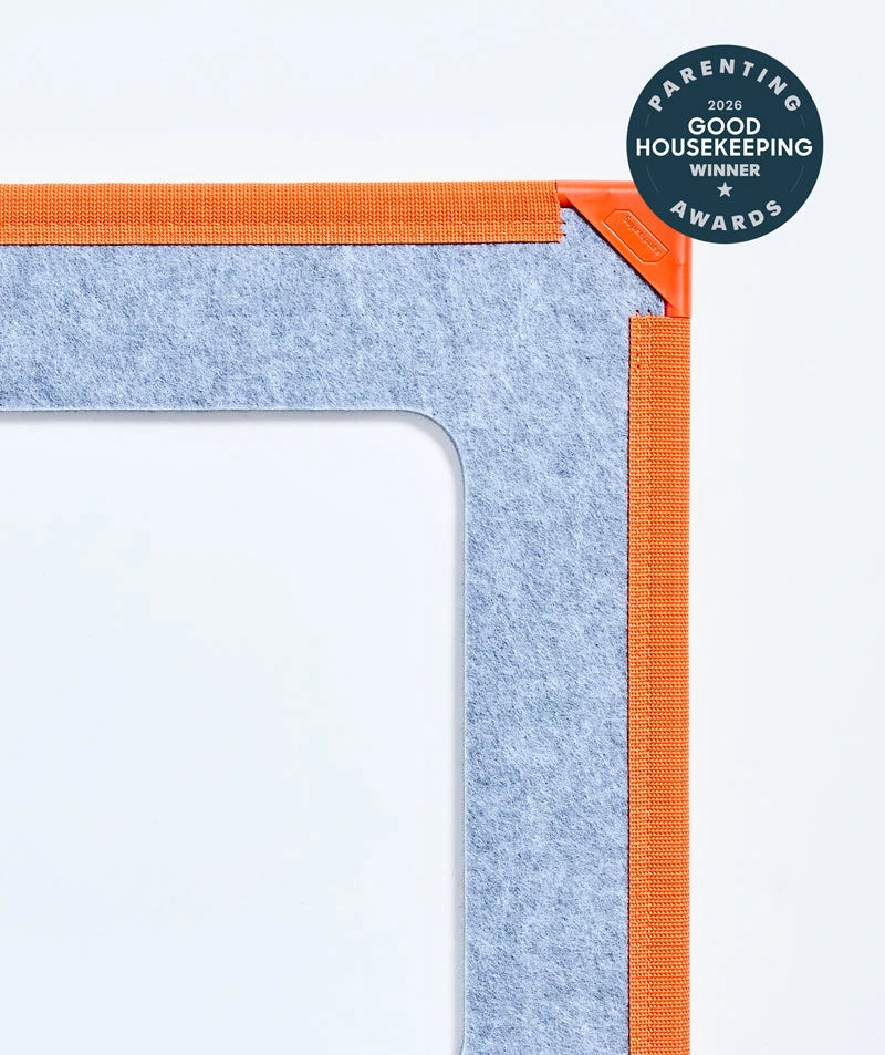 color:Orange | Neighborhood Bundle in Orange, close-up of the giant magnetic tile corner with the Good Housekeeping Parenting Awards badge