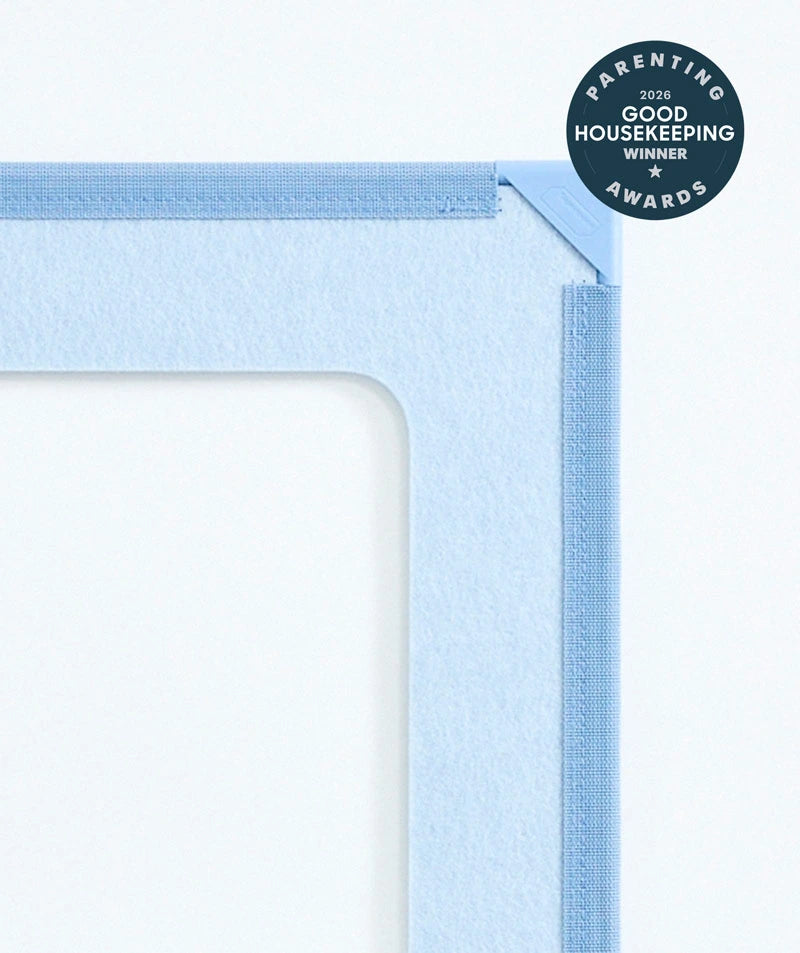 color:Sea Mist | Neighborhood Bundle in Sea Mist, close-up of the giant magnetic tile corner with the Good Housekeeping Parenting Awards badge